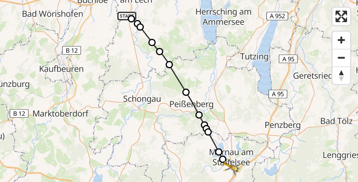 Flugroute Rettungshubschrauber Landsberg am Lech - Murnau a.Staffelsee, 22 August 2026, 12:32