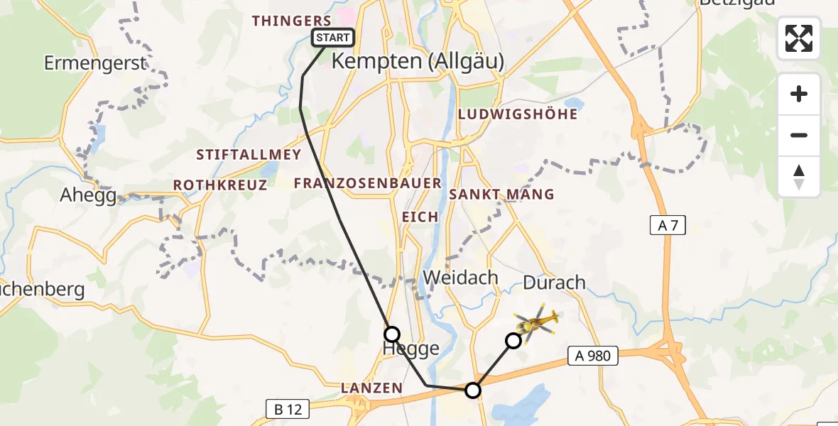 Flugroute Rettungshubschrauber Kempten (Allgäu) - Kempten-Durach Flugplatz, 22 August 2026, 12:33