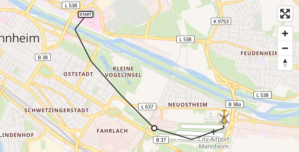 Flugroute Rettungshubschrauber Mannheim - Mannheim-City Flughafen, 22 August 2026, 12:38