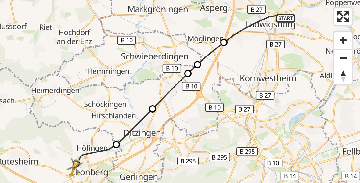Flugroute Rettungshubschrauber Ludwigsburg - Leonberg Hospital, 22 August 2026, 12:39