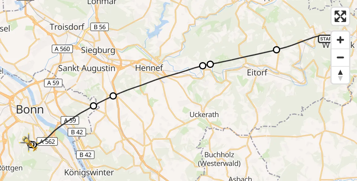 Flugroute Rettungshubschrauber Windeck - Bonn University Hospital, 22 August 2026, 12:47
