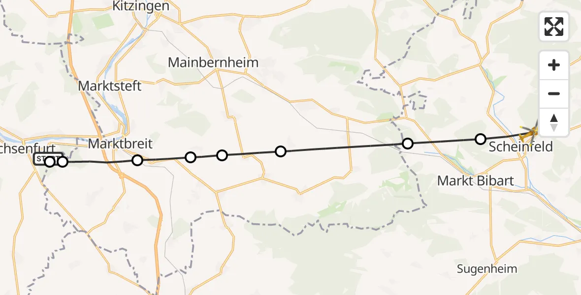 Flugroute Rettungshubschrauber Ochsenfurt Hospital - Scheinfeld, 22 August 2026, 12:48