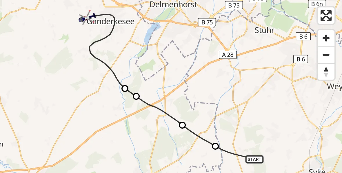 Flugroute Polizeihubschrauber Bassum - Ganderkesee, 22 August 2026, 12:55