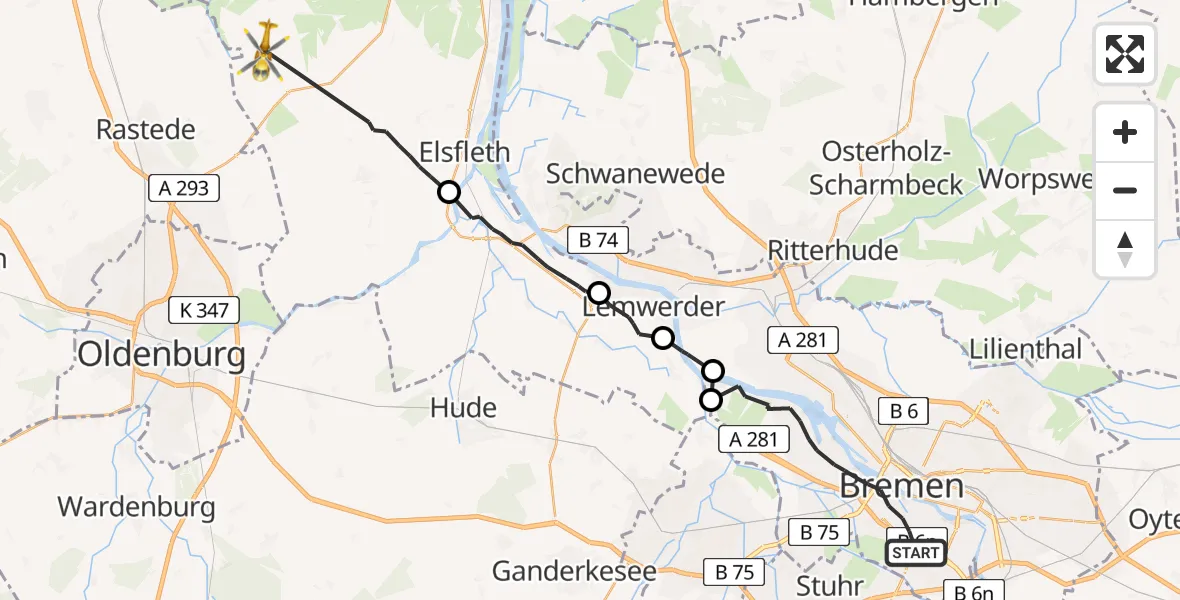 Flugroute Rettungshubschrauber Bremen - Ovelgönne, 22 August 2026, 12:55