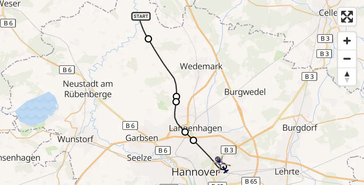 Flugroute Polizeihubschrauber Neustadt am Rübenberge - Hannover Luftrettung Hubschrauberlandeplatz (Christoph 4), 22 August 2026, 13:01