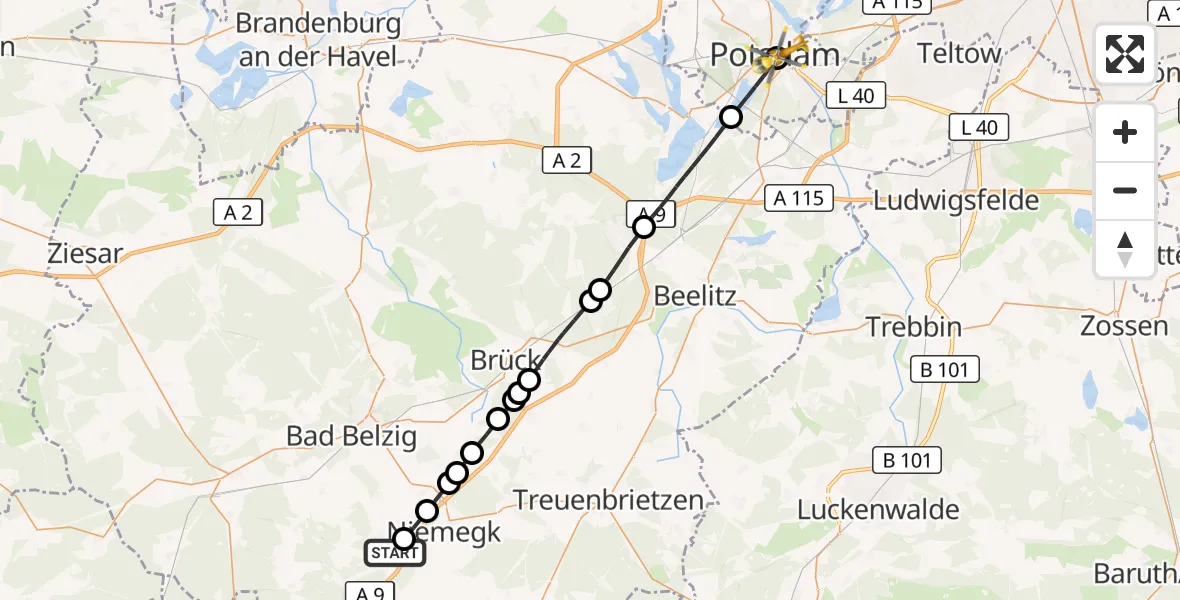 Flugroute Rettungshubschrauber Rabenstein/Fläming - Ernst von Bergmann Clinic Hubschrauberlandeplatz, 22 August 2026, 13:02