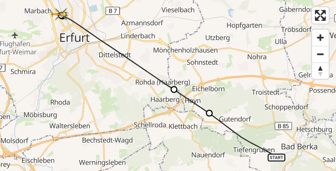 Flugroute Ambulanzhubschrauber Bad Berka - Helios Clinic Erfurt, 22 August 2026, 13:05