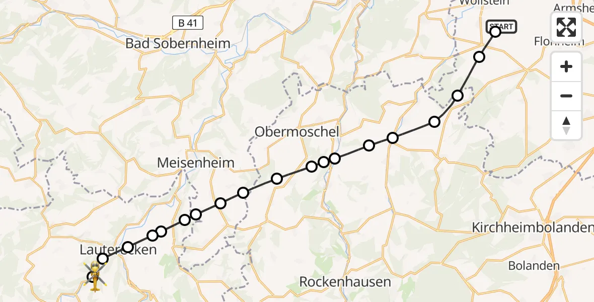 Flugroute Rettungshubschrauber Siefersheim - Wiesweiler, 22 August 2026, 13:05