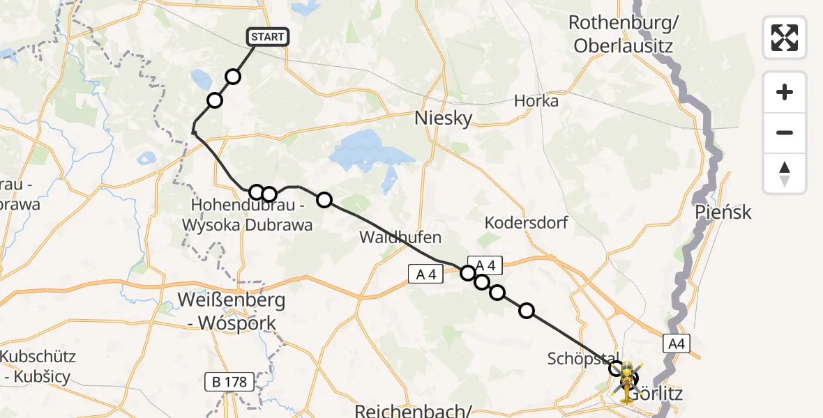 Flugroute Rettungshubschrauber Kreba-Neudorf - Görlitz Hospital, 22 August 2026, 13:16