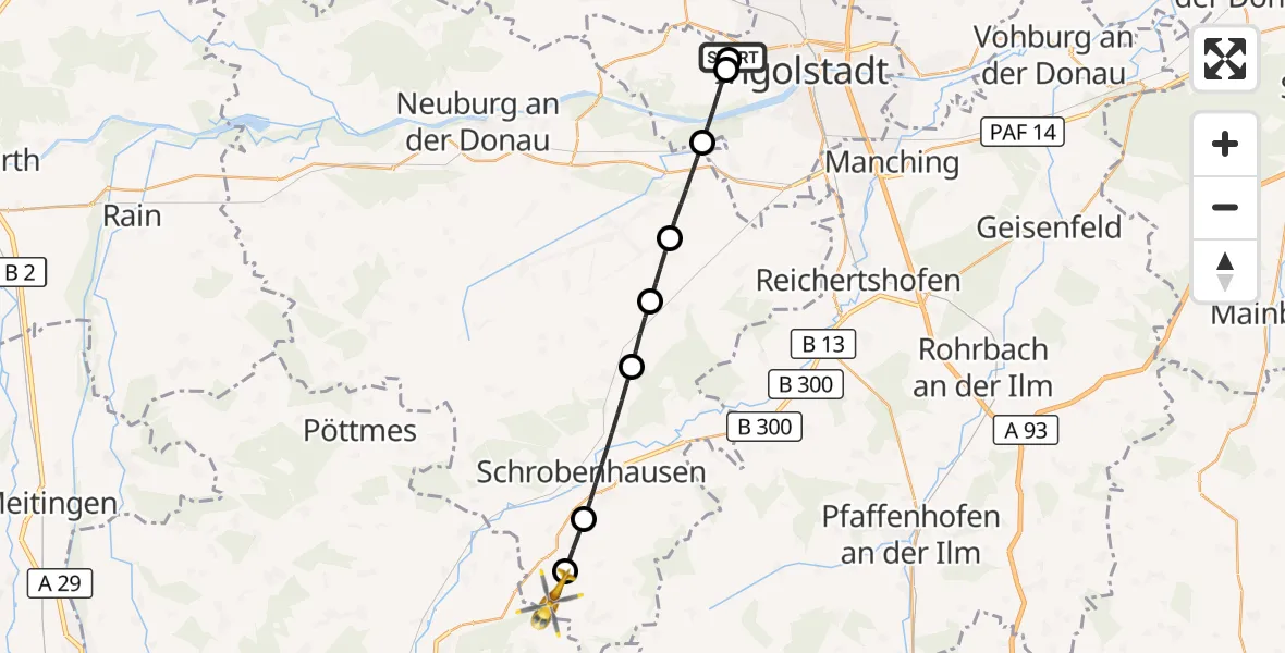 Flugroute Rettungshubschrauber Ingolstadt Hospital - Gachenbach, 22 August 2026, 13:18