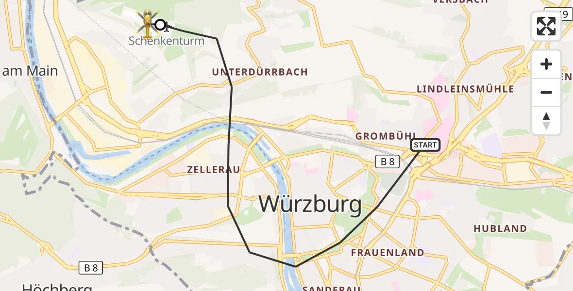 Flugroute Rettungshubschrauber Würzburg - Würzburg-Schenkenturm Flugplatz, 22 August 2026, 13:21