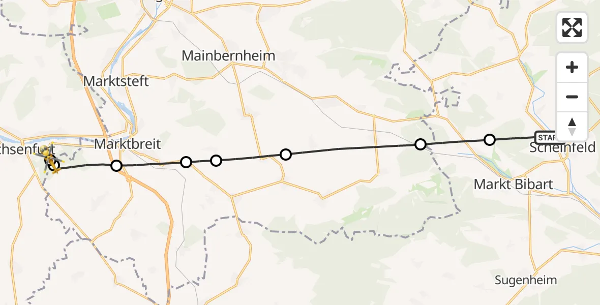 Flugroute Rettungshubschrauber Scheinfeld - Ochsenfurt Hospital, 22 August 2026, 13:27