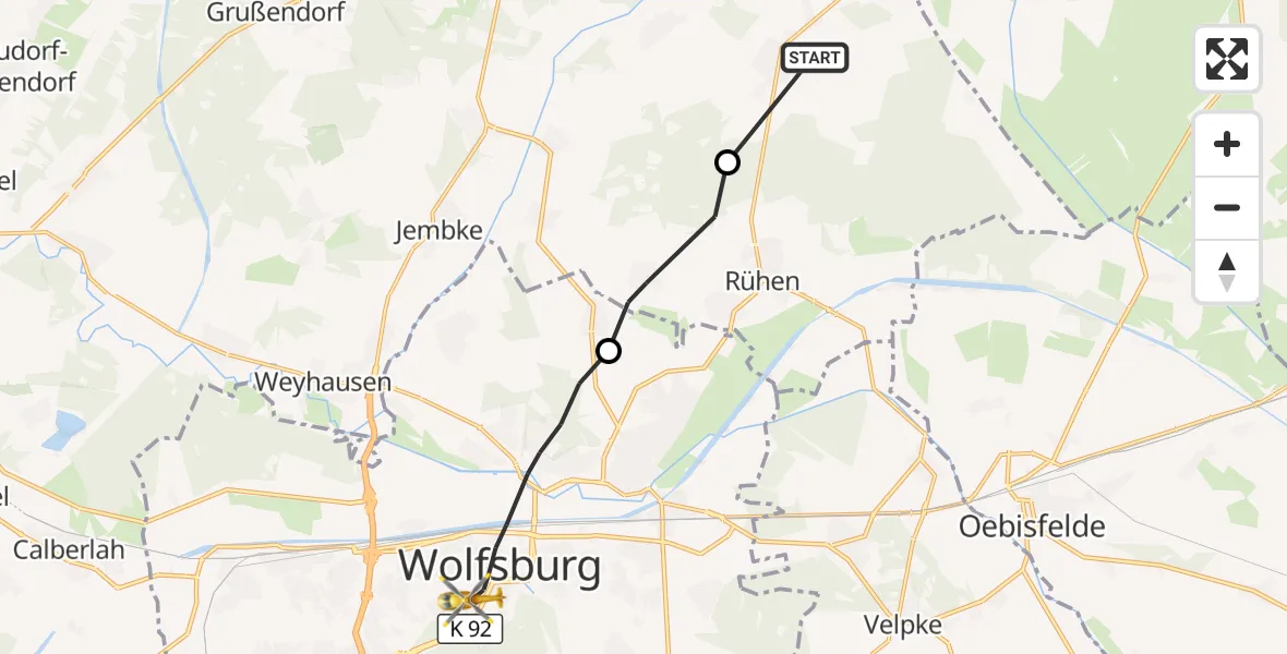 Flugroute Rettungshubschrauber Parsau - Wolfsburg, 22 August 2026, 13:35