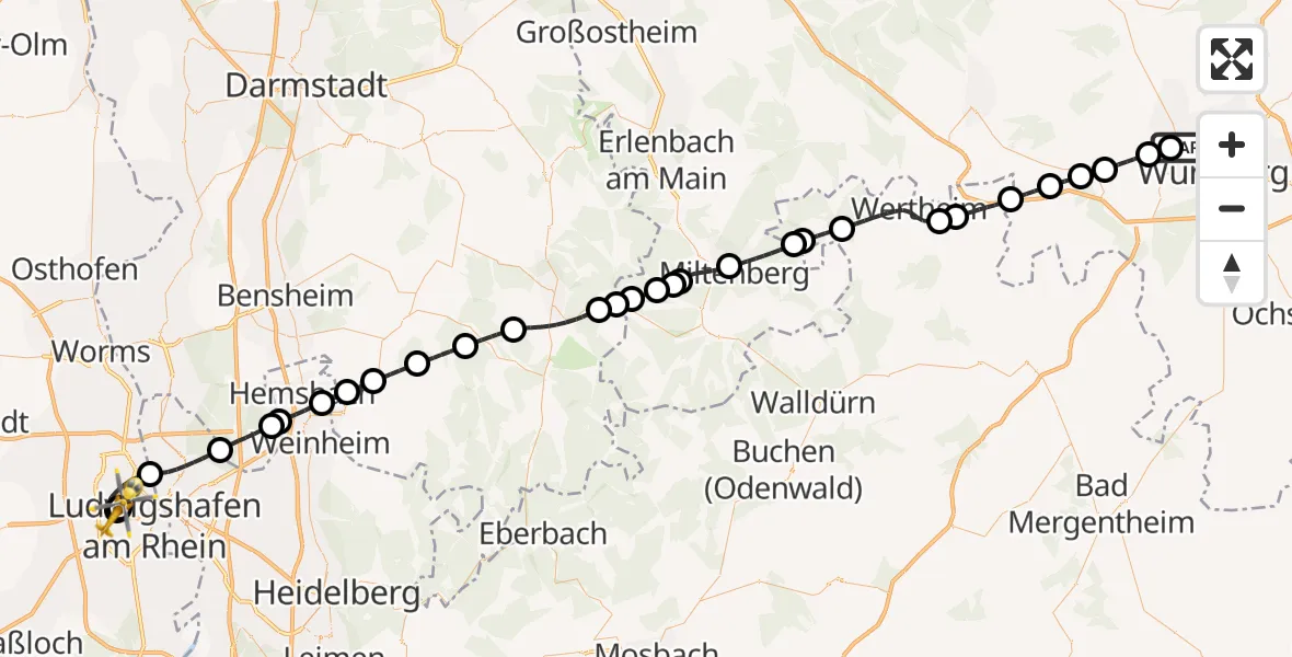 Flugroute Rettungshubschrauber Würzburg - Ludwigshafen Accident Hospital, 22 August 2026, 13:39