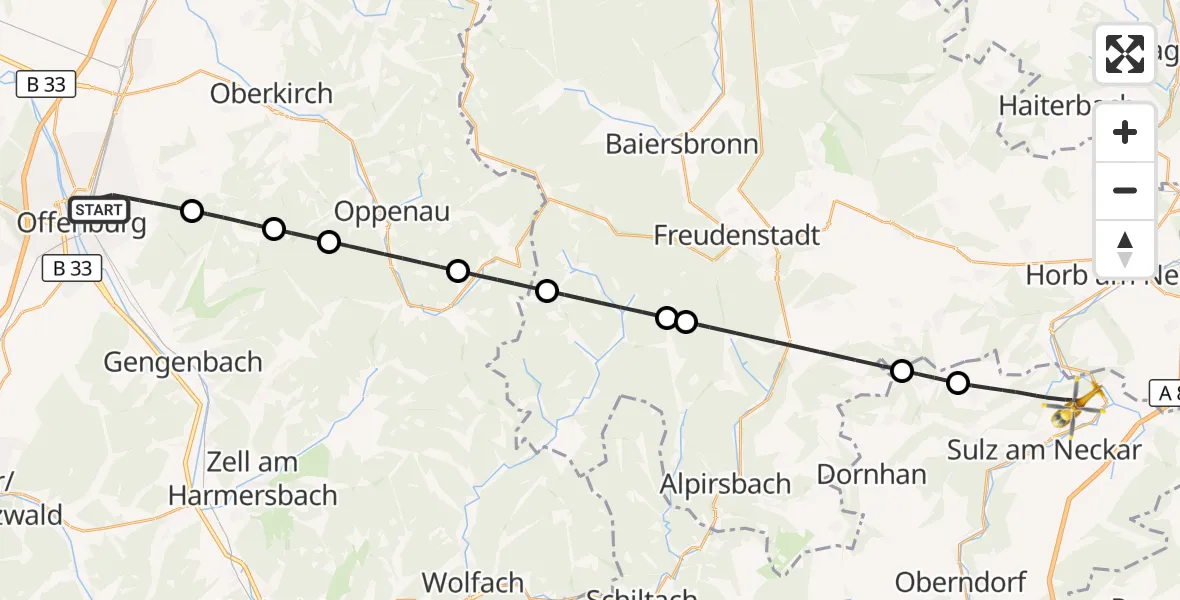 Flugroute Rettungshubschrauber Offenburg - Sulz am Neckar, 22 August 2026, 13:40