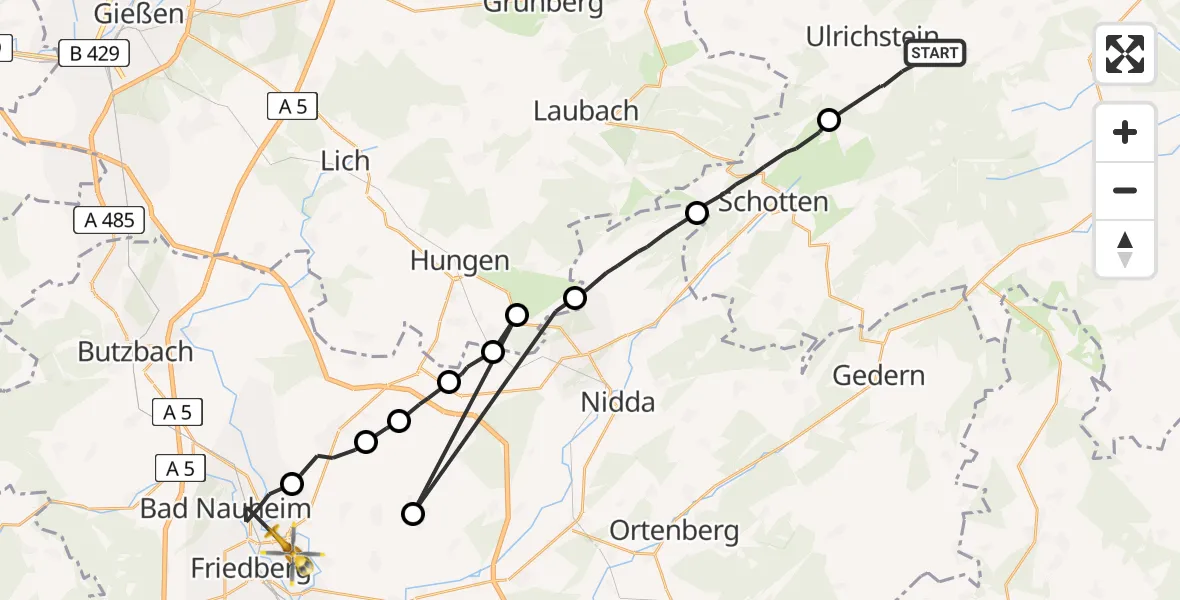 Flugroute Rettungshubschrauber Ulrichstein - Friedberg (Hessen), 22 August 2026, 13:40