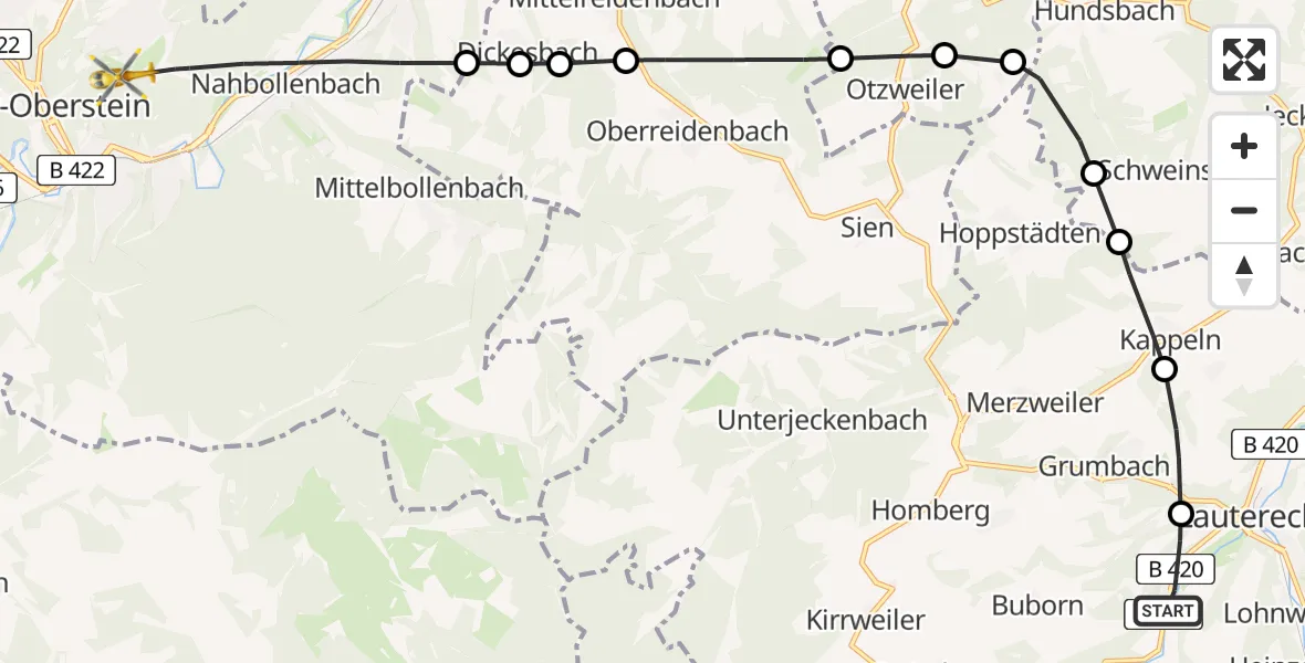 Flugroute Rettungshubschrauber Wiesweiler - Idar-Oberstein, 22 August 2026, 13:42