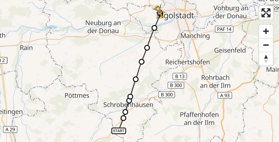 Flugroute Rettungshubschrauber Gachenbach - Ingolstadt Hospital, 22 August 2026, 13:44
