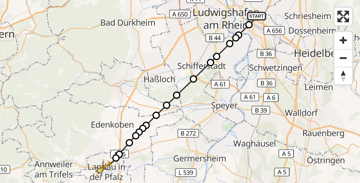 Flugroute Rettungshubschrauber Mannheim-City Flughafen - Landau in der Pfalz, 22 August 2026, 13:51
