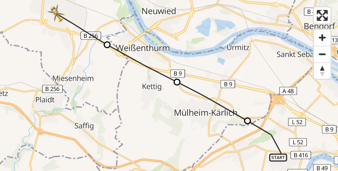 Flugroute Rettungshubschrauber Koblenz - Andernach, 22 August 2026, 13:52