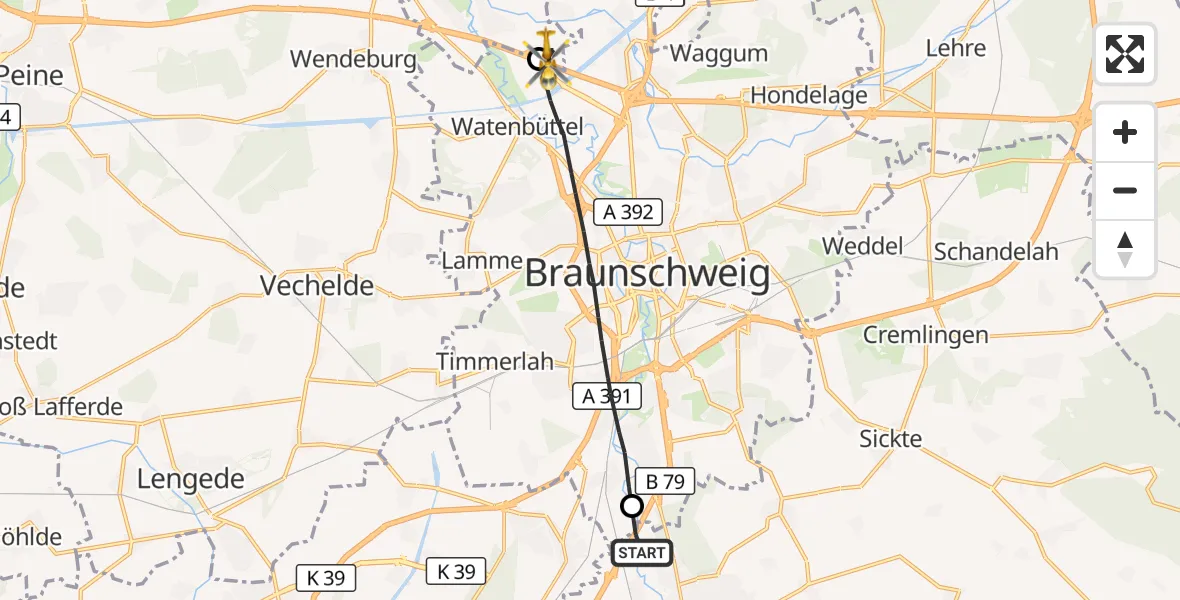 Flugroute Rettungshubschrauber Wolfenbüttel - Schwülper, 22 August 2026, 13:55