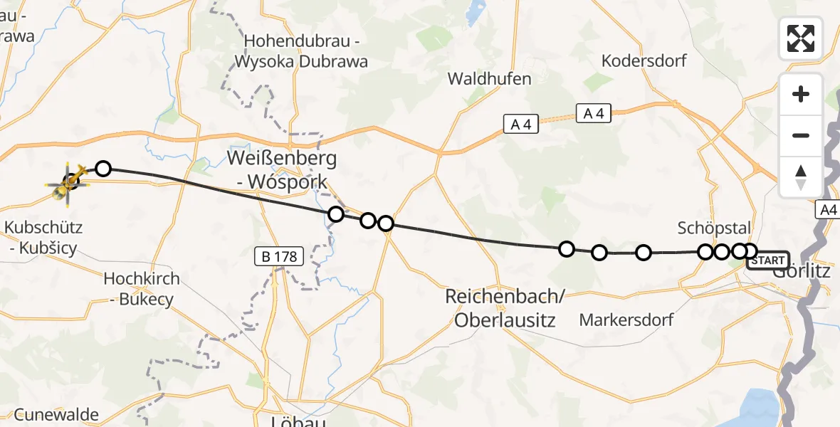 Flugroute Rettungshubschrauber Görlitz Hospital - Bautzen Flugplatz, 22 August 2026, 13:55