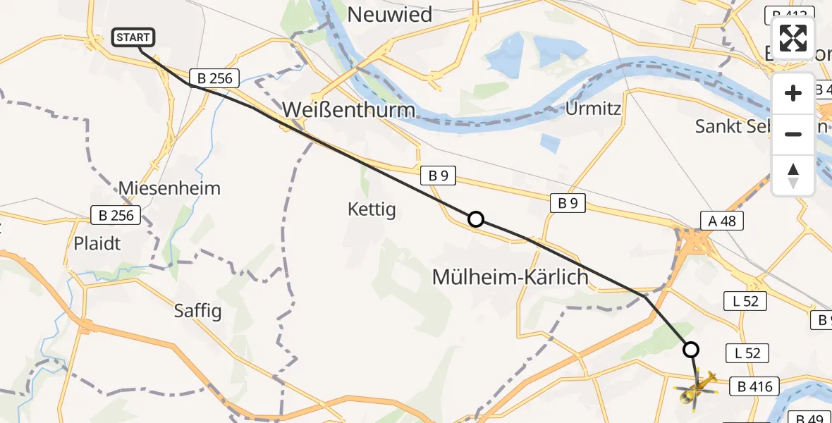 Flugroute Rettungshubschrauber Andernach - Koblenz, 22 August 2026, 13:59