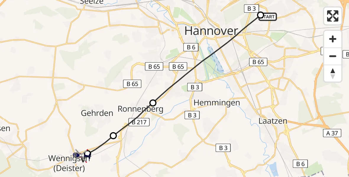 Flugroute Polizeihubschrauber Hannover Luftrettung Hubschrauberlandeplatz (Christoph 4) - Wennigsen (Deister), 22 August 2026, 14:04