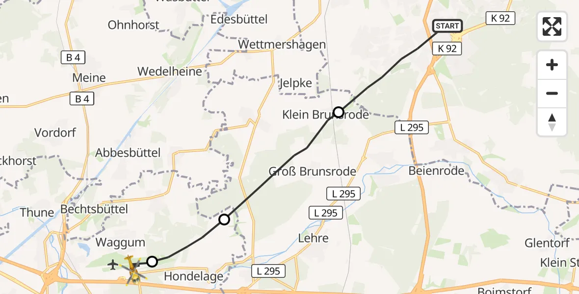 Flugroute Rettungshubschrauber Wolfsburg - Braunschweig-Wolfsburg Flughafen, 22 August 2026, 14:11