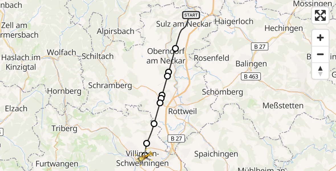 Flugroute Rettungshubschrauber Sulz am Neckar - DRF Air Rescue Station Villingen-Schwenningen Hubschrauberlandeplatz (Christoph 11), 22 August 2026, 14:17