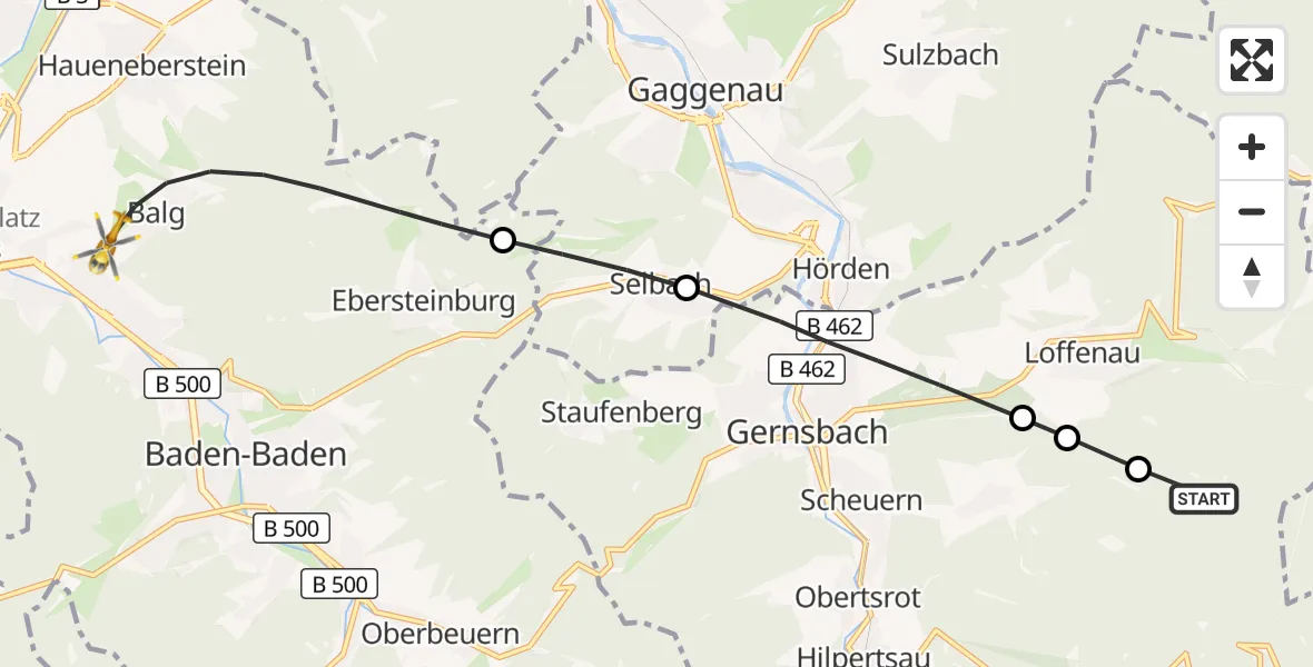 Flugroute Ambulanzhubschrauber Loffenau - Baden-Baden, 22 August 2026, 14:17