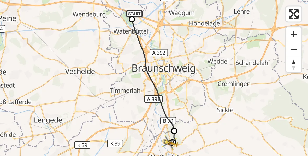 Flugroute Rettungshubschrauber Schwülper - Wolfenbüttel Municipal Hospital Heliport (Christoph 30), 22 August 2026, 14:32