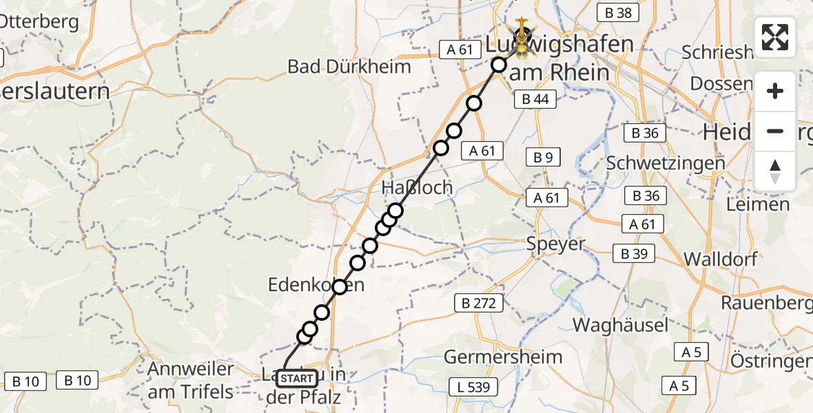Flugroute Rettungshubschrauber Landau in der Pfalz - Ludwigshafen Accident Hospital, 22 August 2026, 14:38