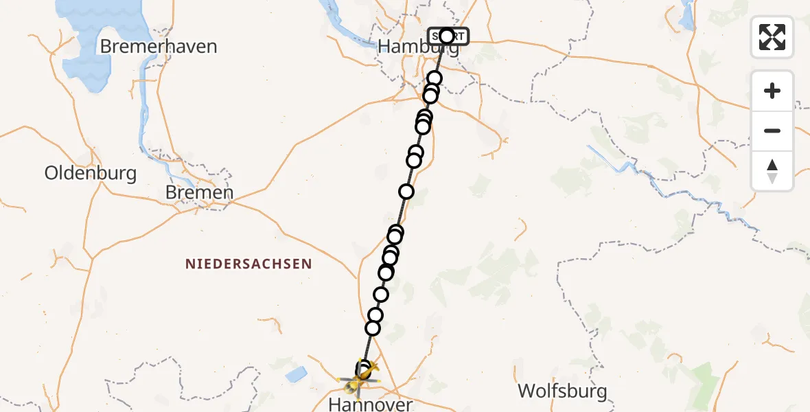 Flugroute Rettungshubschrauber Wilhelmstift Catholic Children's Hospital - Flughafen Hannover, 22 August 2026, 14:39