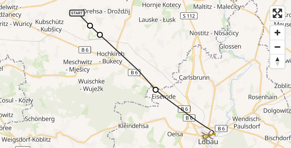 Flugroute Rettungshubschrauber Kubschütz - Löbau, 22 August 2026, 14:39