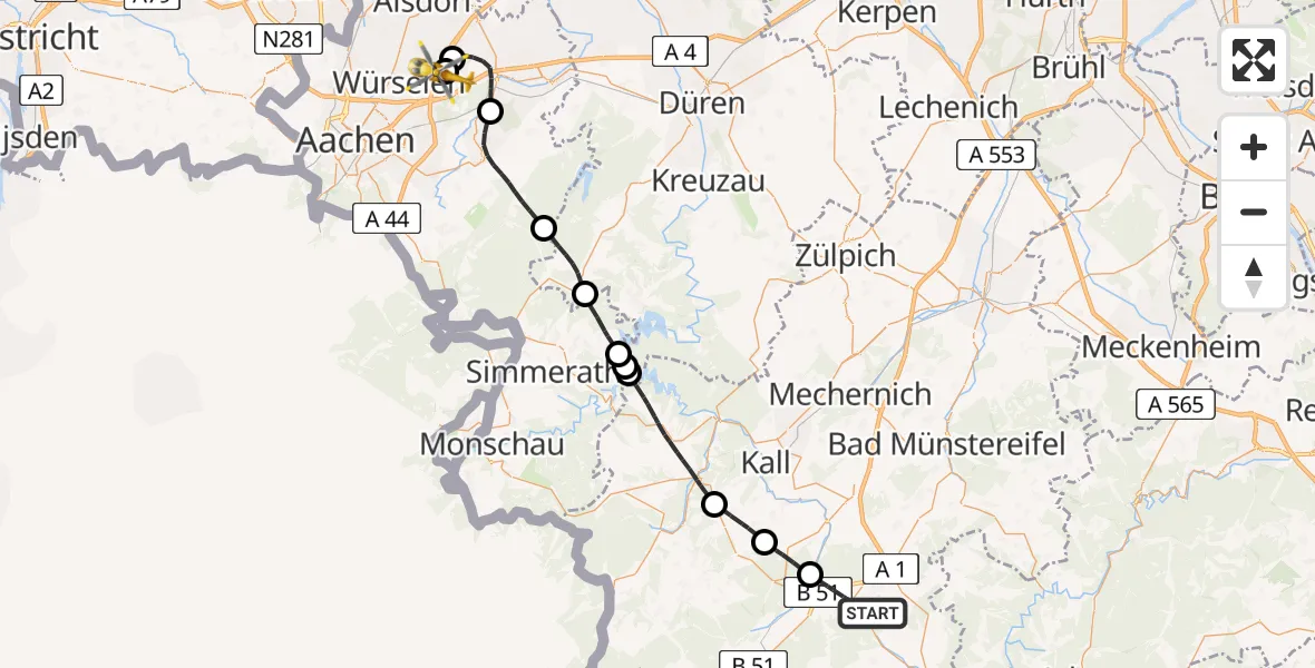 Flugroute Rettungshubschrauber Blankenheim - Aachen-Merzbrück Flughafen, 22 August 2026, 14:41
