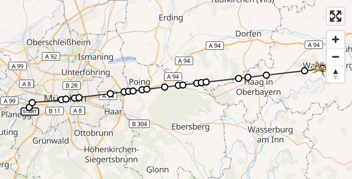 Flugroute Rettungshubschrauber DRF Air Rescue München Hubschrauberlandeplatz - Waldkraiburg, 22 August 2026, 14:45