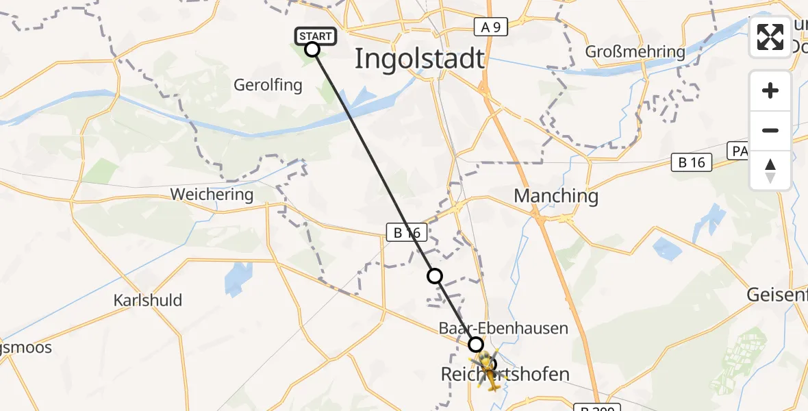 Flugroute Rettungshubschrauber Ingolstadt Hospital - Reichertshofen, 22 August 2026, 14:47
