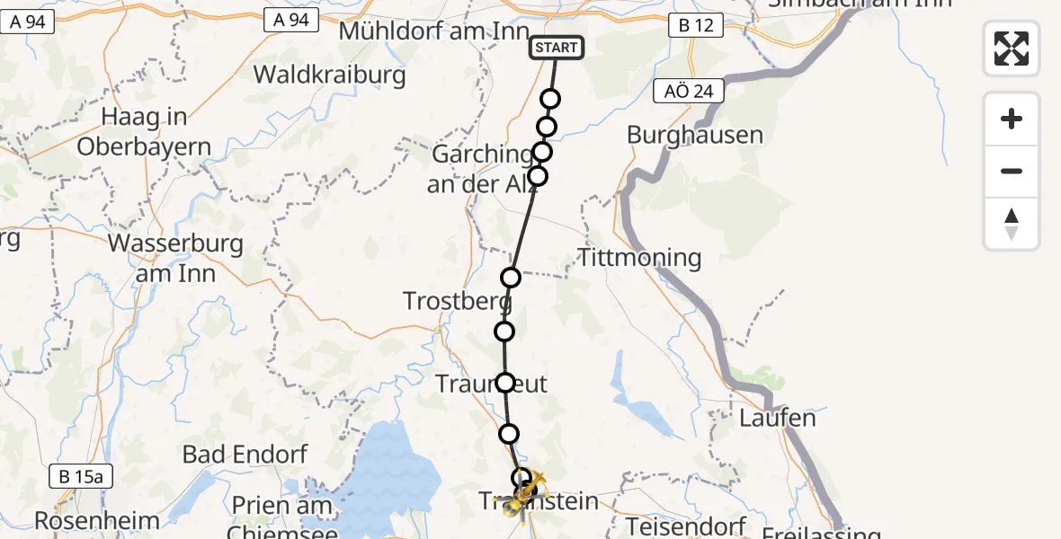 Flugroute Rettungshubschrauber Altötting - Traunstein Hospital, 22 August 2026, 14:50