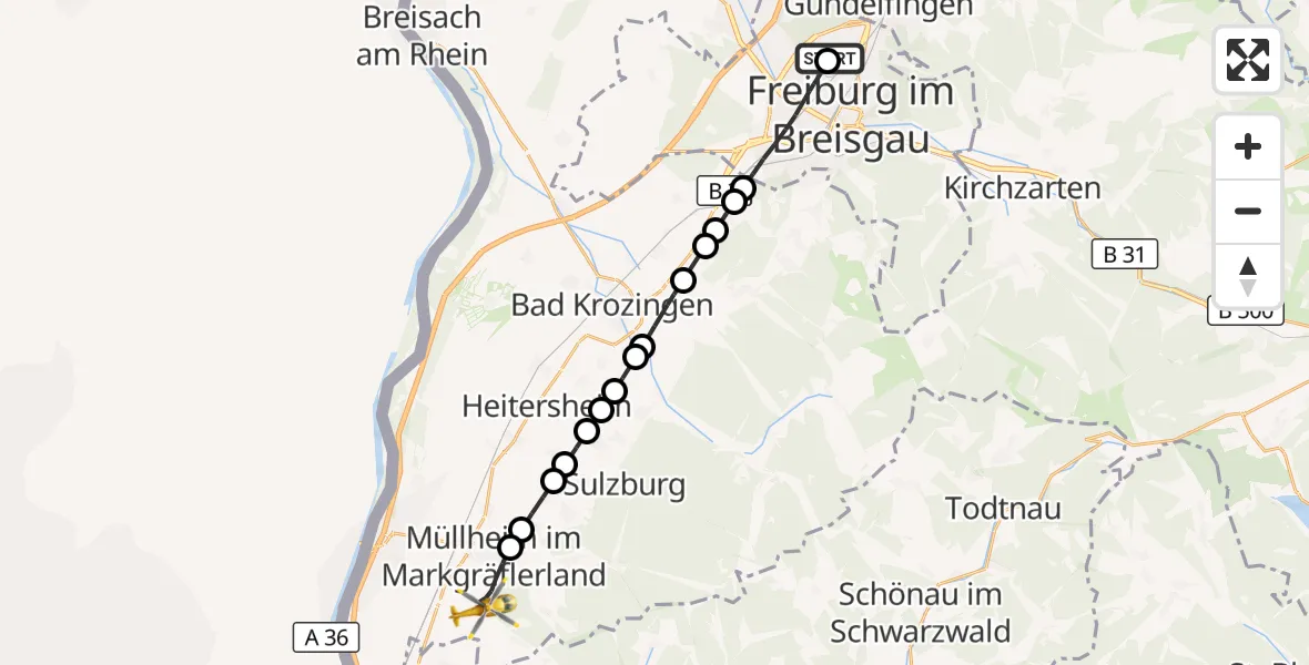 Flugroute Ambulanzhubschrauber Freiburg im Breisgau Flugplatz - Müllheim im Markgräflerland, 22 August 2026, 14:58