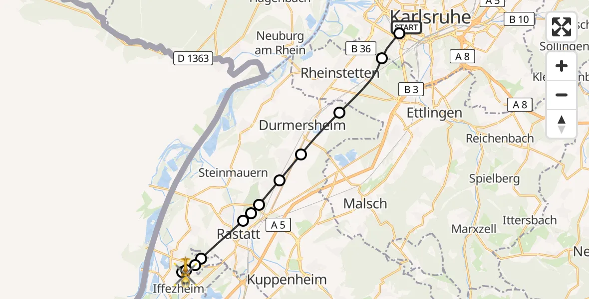 Flugroute Ambulanzhubschrauber Sankt Vincentius Hospital - Iffezheim, 22 August 2026, 15:04