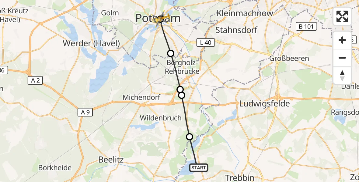 Flugroute Rettungshubschrauber Trebbin - Ernst von Bergmann Clinic Hubschrauberlandeplatz, 22 August 2026, 15:06