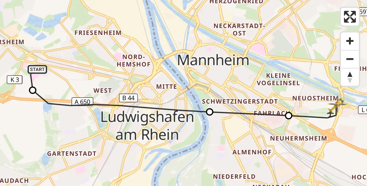 Flugroute Rettungshubschrauber Ludwigshafen Accident Hospital - Mannheim-City Flughafen, 22 August 2026, 15:08