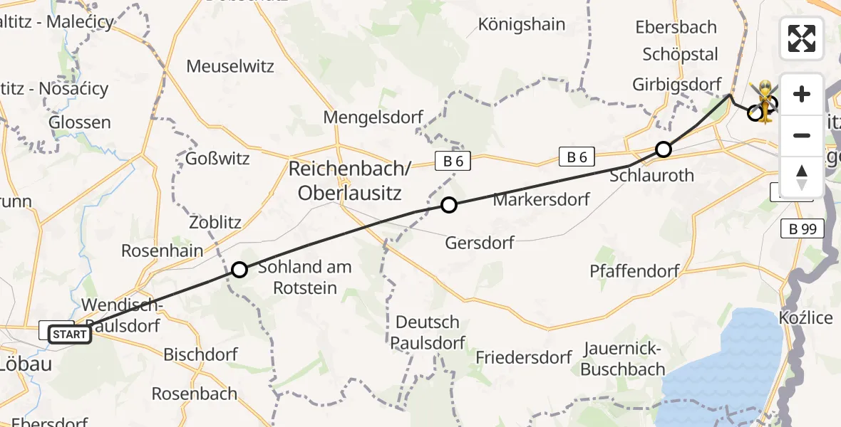 Flugroute Rettungshubschrauber Löbau - Görlitz Hospital, 22 August 2026, 15:10