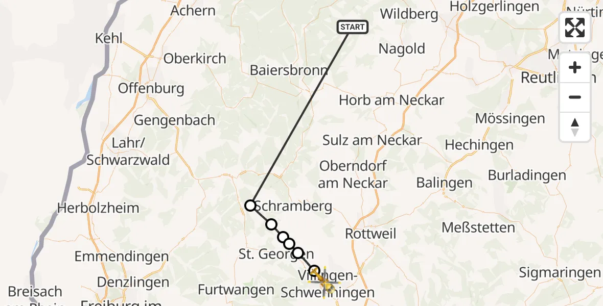 Flugroute Ambulanzhubschrauber Altensteig - Villingen-Schwenningen, 22 August 2026, 15:12