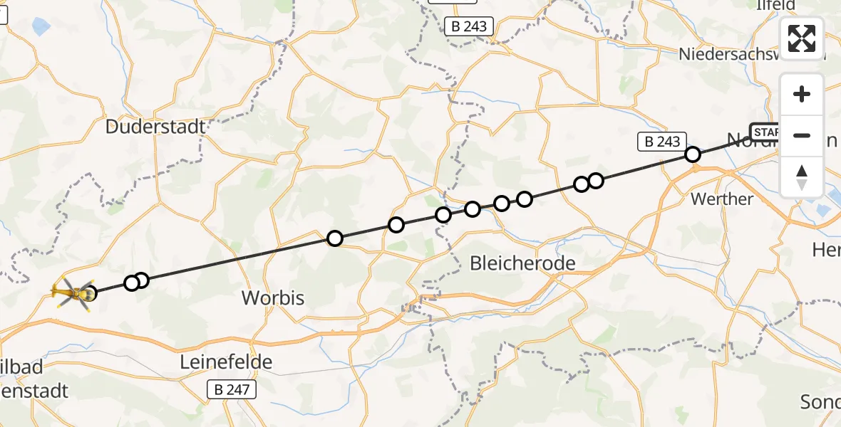 Flugroute Rettungshubschrauber Nordhausen - Reinholterode, 22 August 2026, 15:26