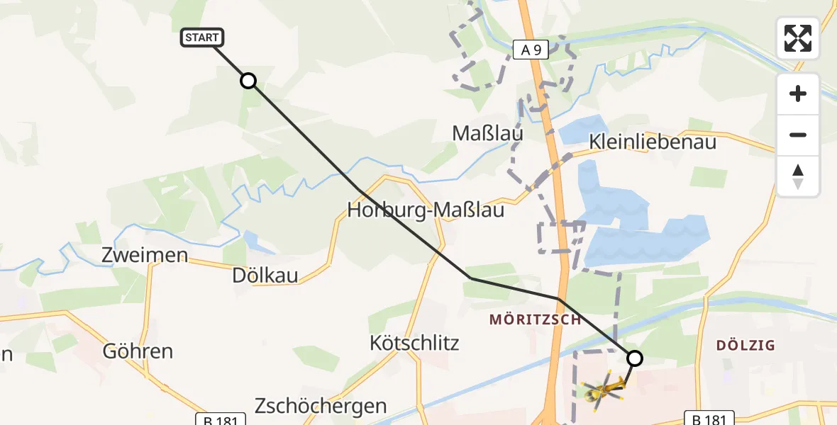 Flugroute Rettungshubschrauber Schkopau - ADAC Air Rescue Station Leipzig/Schkeuditz-Dölzig Hubschrauberlandeplatz (Christoph 61), 22 August 2026, 15:25