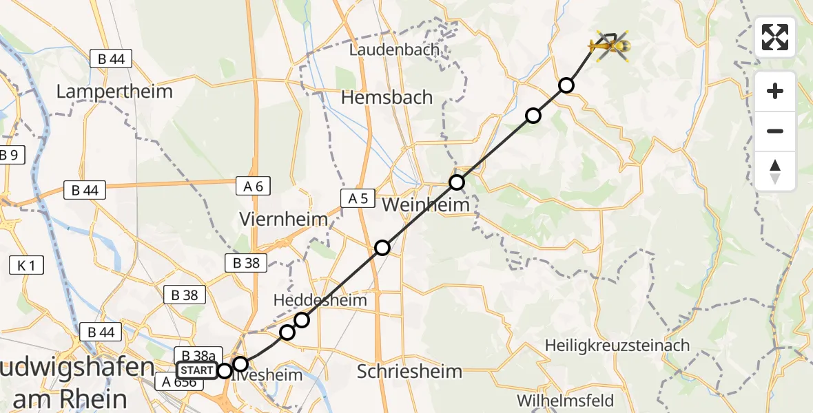 Flugroute Rettungshubschrauber Mannheim-City Flughafen - Rimbach, 22 August 2026, 15:26
