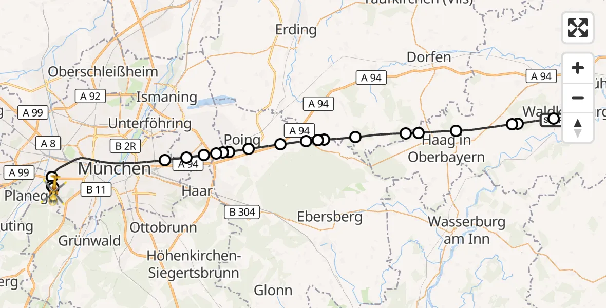 Flugroute Rettungshubschrauber Waldkraiburg - DRF Air Rescue München Hubschrauberlandeplatz, 22 August 2026, 15:32