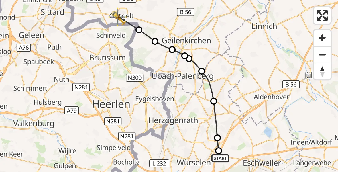 Flugroute Rettungshubschrauber Aachen-Merzbrück Flughafen - Gangelt, 22 August 2026, 15:34